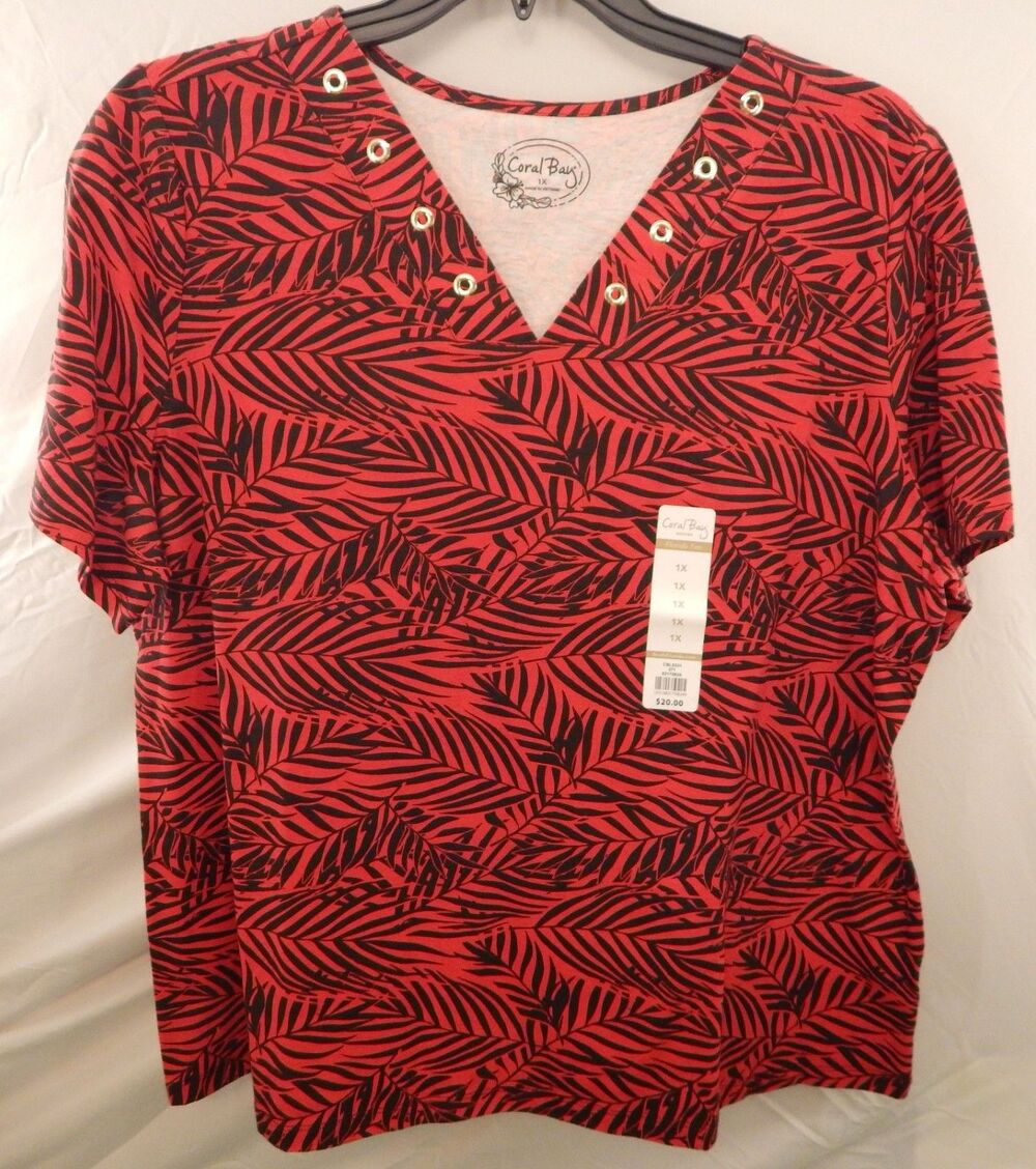 Carol Bay Woman's 1X Red- Black Stripe V-Neck S/Sleeve Top Pullover NWT